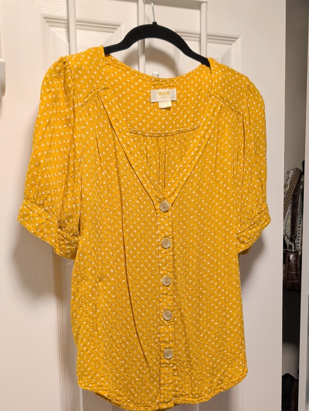 Maeve Mustard Yellow Short-Sleeve Button-Front Blouse